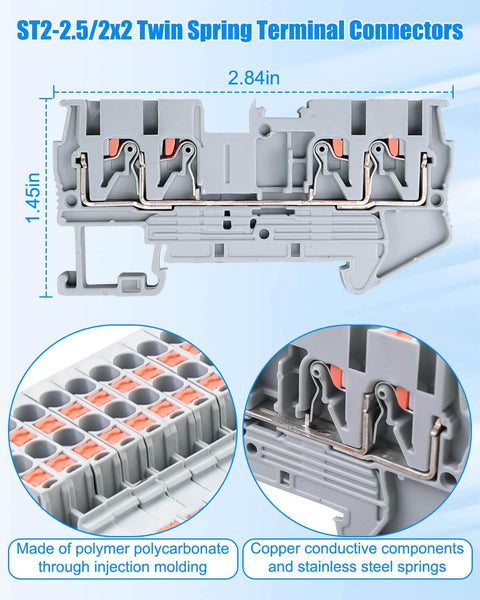 Twin Spring Din Rail Terminal Block Kit With Push In Screwless Wires 2x2 Pole Block Easy Clamp Wiring System close-up view