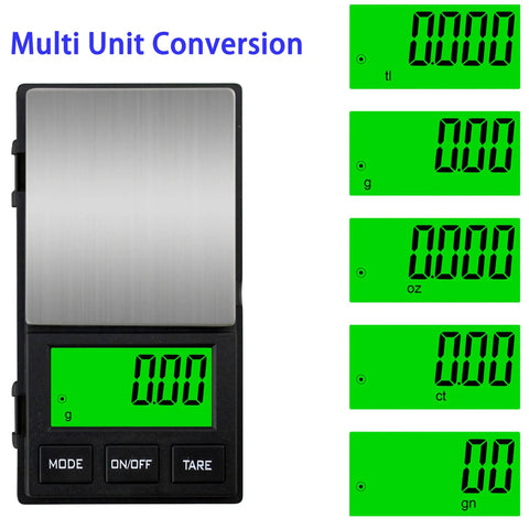 Pocket Digital Scale With 0.01g Precision And 1000g Capacity Backlit LCD For Jewelry featuring unit conversions display.