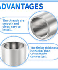 304 Stainless Steel Cast Pipe Fitting Coupling One And One Quarter Inch NPT Female To One And One Quarter Inch NPT Female Thread Adapter 3 Pack Pro Grade Heavy Duty Plumbing And Industrial Applications, threaded coupling close-up