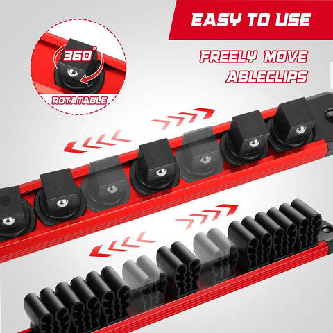 Six Piece Magnetic Socket Organizer And Screwdriver Organizer Set With Three Socket Rails, rotatable clips, red rails