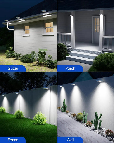 Four Pack White Solar Powered Gutter Lights Outdoor Decorative Waterproof 12 LEDs Yard Lamps illuminating gutter, fence, wall