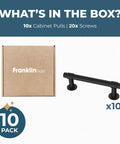 Francisco 10 Pack Cabinet Pulls 3 Inch Center To Center Matte Black Handles with box and screws displayed.