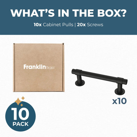 Francisco 10 Pack Cabinet Pulls 3 Inch Center To Center Matte Black Handles with box and screws displayed.