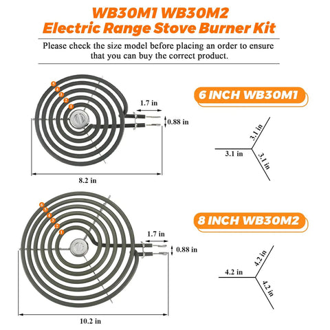 Electric Stove Burner Replacement Kit With Two 6 Inch ERS30M1 Burners And Two 8 Inch ERS30M2 Elements size diagram