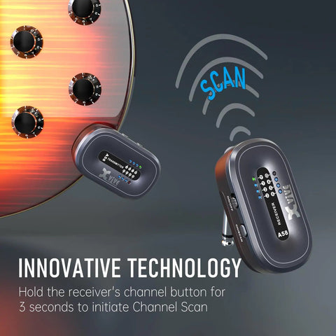 A58 5.8GHz Wireless Guitar System True Diversity Transmitter And Receiver with scan feature for active and passive pickups.