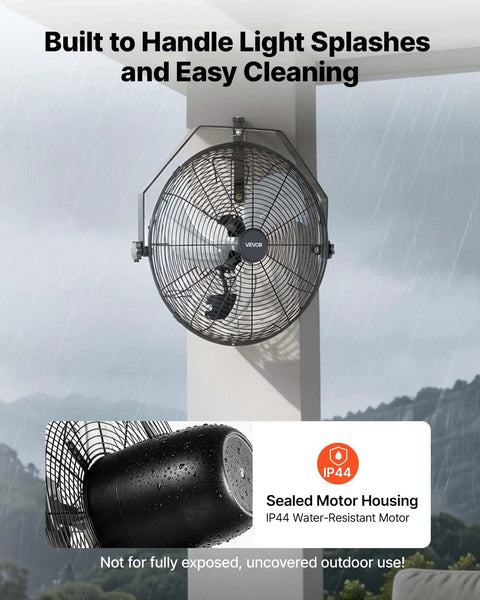 Heavy Duty 18 Inch Wall Mount Fan With IP44 Protection, 3 Speed Settings, mounted outdoors, showing IP44 motor housing detail.