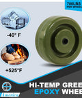 4 Inch By 1.5 Inch High Temp Green Epoxy Caster Wheels Set Of 4 For Industrial Bakery And Oven Racks With 3/8 Inch Bore Bearings And 2800 Lbs Capacity, Shock Resistant And Chemical Resistant