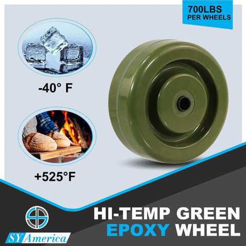 High Temperature Four Inch By One And A Half Inch Green Epoxy Caster Wheel for Bakery and Oven Racks showcasing temperature range.