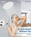 2 Function Wall Mounted Shower Faucet Set With High Pressure 8 Inch Round Rain Shower Head Brass Handheld Spray Rough In Valve Chrome Finish Easy Retrofit For Bathroom Upgrade showing overhead shower in use