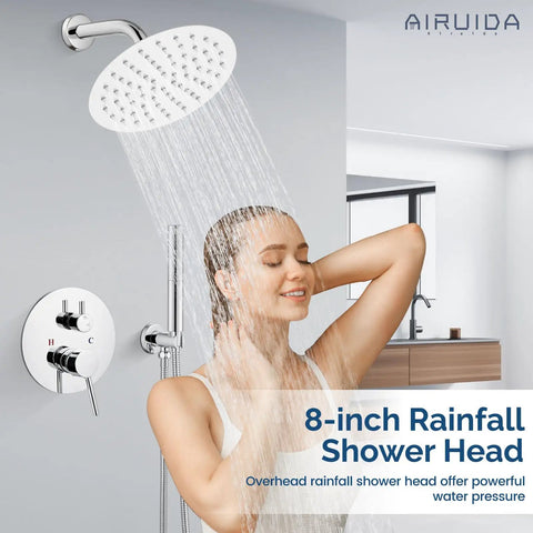 2 Function Wall Mounted Shower Faucet Set With High Pressure 8 Inch Round Rain Shower Head Brass Handheld Spray Rough In Valve Chrome Finish Easy Retrofit For Bathroom Upgrade showing overhead shower in use