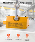 Front view of VEVOR yellow permanent magnetic lifter with release handle and steel hook; 1320 lbs capacity.