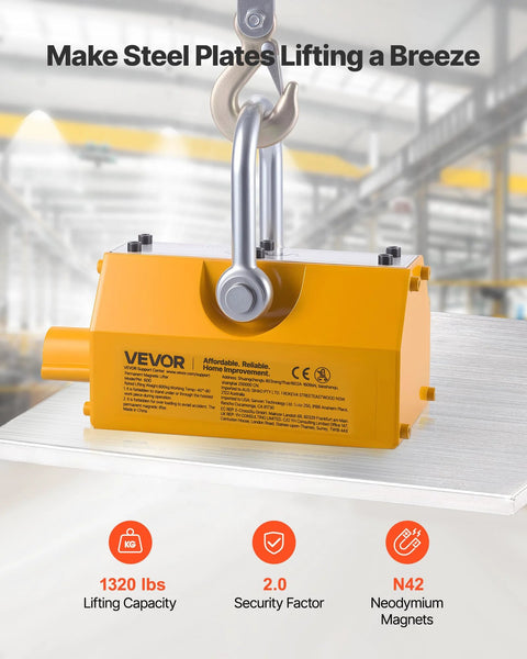 Front view of VEVOR yellow permanent magnetic lifter with release handle and steel hook; 1320 lbs capacity.
