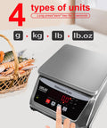 Waterproof Digital Kitchen Scale With Large Stainless Steel Pan, 66 Lb Capacity, displaying multiple unit options, next to fish basket