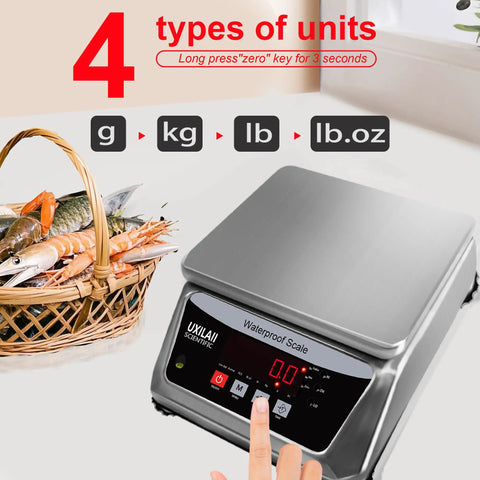 Waterproof Digital Kitchen Scale With Large Stainless Steel Pan, 66 Lb Capacity, displaying multiple unit options, next to fish basket