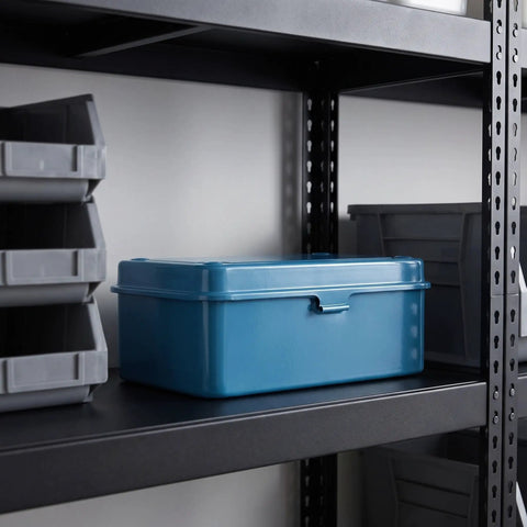 Kickass Vintage Iron Tool Box With Secure Locking Lid And Snappy Quick Access Compartments For Home Mechanic And Car Garage on shelf.