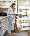 Woman with dog in kitchen demonstrating 4 Inch Wall Mount Exhaust Fan 56 CFM Plug In Quiet Bathroom Vent With Backdraft Damper For Kitchen Garage Office Grow Tent 12W White