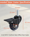 Office Chair Caster Wheels Set Of 4 M10 x 25mm Threaded Swivel Casters with Brake for Hard Floors, side view with specifications