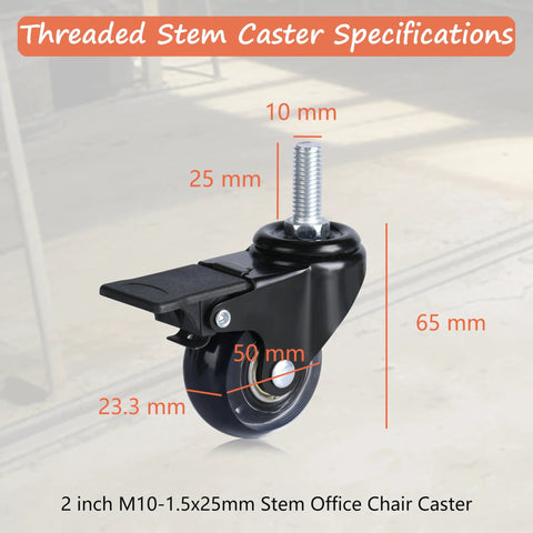 Office Chair Caster Wheels Set Of 4 M10 x 25mm Threaded Swivel Casters with Brake for Hard Floors, side view with specifications