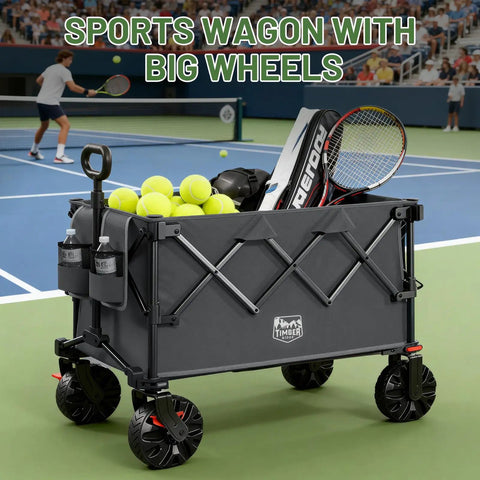 Heavy Duty Collapsible Folding Wagon With Brakes And Cup Holders All Terrain Wheels 500 Pound Load Utility Cart For Sports Grey
