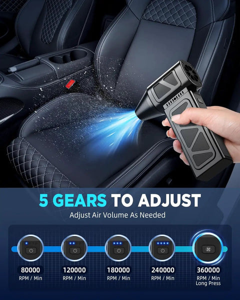 Hand using Electric Compressed Air Duster With Brushless Motor 360000 RPM Turbo Cordless Blower on car seat