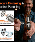 All In One Grommet Tool Kit With Four Jaw Sizes showcasing magnetic grommet holder and galvanized grommets for secure fastening.