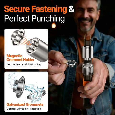 All In One Grommet Tool Kit With Four Jaw Sizes showcasing magnetic grommet holder and galvanized grommets for secure fastening.