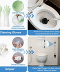 Heavy Duty Toilet Plunger And High Pressure Drain Gun With Pipe Auger Set in cleaning setup next to toilet, showcasing gloves and gripper.