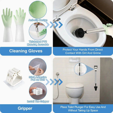 Heavy Duty Toilet Plunger And High Pressure Drain Gun With Pipe Auger Set in cleaning setup next to toilet, showcasing gloves and gripper.