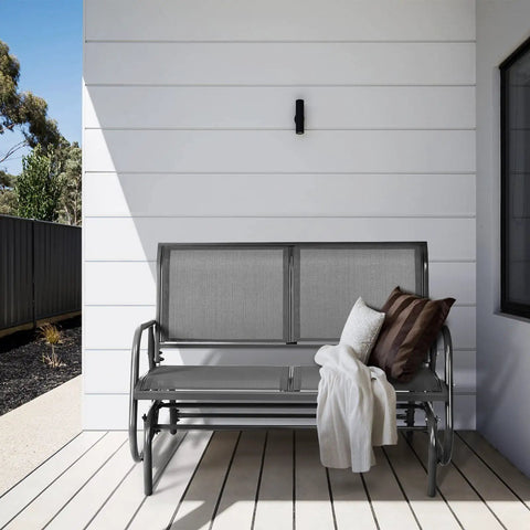 Built For Two Patio Glider With Rocking Swing Bench for outdoor chill on porch with cushions, heavy duty steel frame, breathable seat fabric.