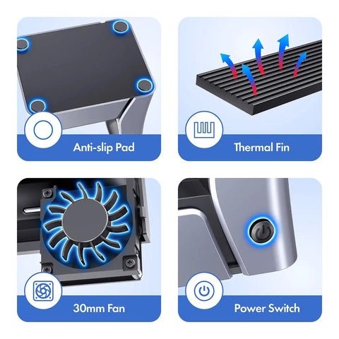 Image showing features of Badass M2 NVMe SSD Docking Station With USB4 40Gbps Transfer Speed including anti-slip pad, thermal fin, fan, and power switch.