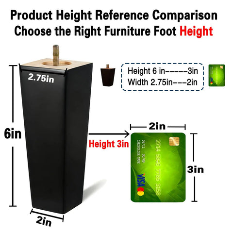 Diagram showing Beefy 6 Inch Black Wood Furniture Legs Pack Of 4 size comparison with credit card for sofas, dresser, sideboard.