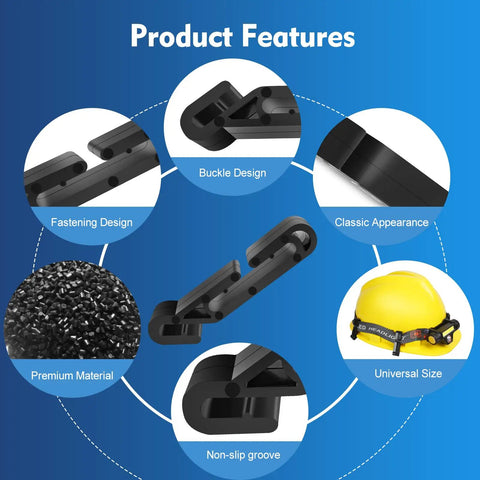 Close-up of Hard Hat Light Clips 20 Pack features including buckle design, non-slip groove, premium material, and helmet compatibility.