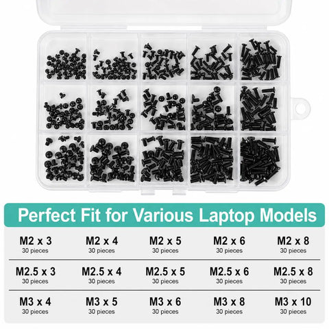 Heavy Duty Laptop And PC Screw Kit With 450 Pieces In 15 Common Sizes Including M2 M2.5 And M3 Flat Heads in a clear organizer.