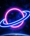 Planet Neon Sign LED Neon Light Sign For Wall Decor USB Powered Aesthetic Neon Signs, pink and blue glow against a starry background