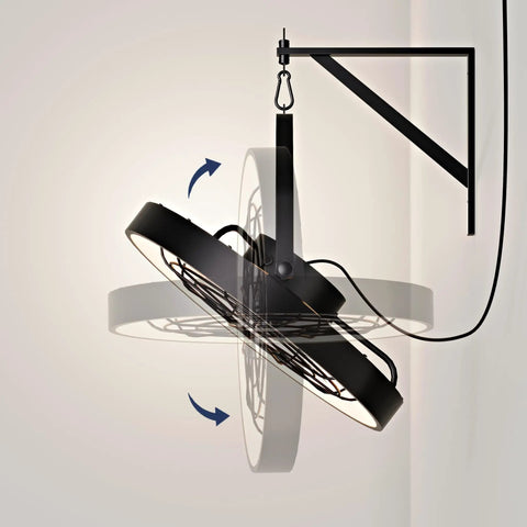 20 Inch Wall Mount Fan With Light And Dimmable 3CCT LED 6 Speeds Smart Remote And App Control Plug In Ceiling Or Wall Mount Indoor Outdoor Use For Patio Garage Living Room Workshop Metal Frame showing adjustable angle.