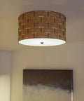 Image of Shaker 3 Light Flush Mount Fixture In Brown Finish With Blackened Bronze Frame And Woven Wood Detailing in a room setting