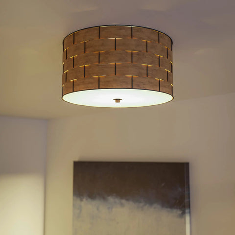 Image of Shaker 3 Light Flush Mount Fixture In Brown Finish With Blackened Bronze Frame And Woven Wood Detailing in a room setting