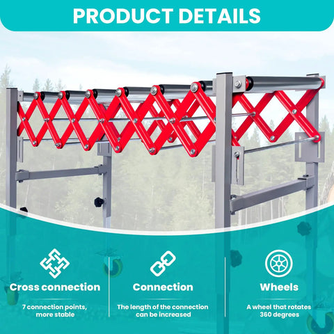 Heavy Duty Adjustable Conveyor Roller Table With 2 Hooks supports up to 600 lbs with red scissor connection and locking wheels.