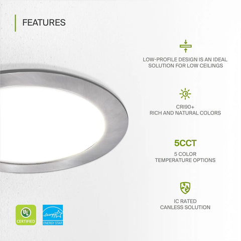 Six Inch LED Recessed Light Kit 15W With Five CCTs 2700K To 5000K Dimmable IC Rated Ultra Thin Canless Wafer Downlight Nickel