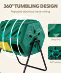 43 Gallon Dual Chamber Compost Tumbler With Gloves, Fast Assembly And Easy Setup For Outdoor Use, 360° tumbling design in green.