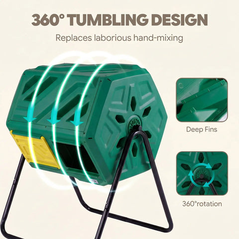 43 Gallon Dual Chamber Compost Tumbler With Gloves, Fast Assembly And Easy Setup For Outdoor Use, 360° tumbling design in green.