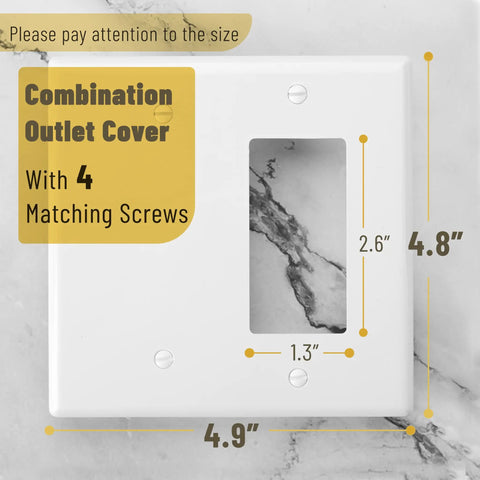 2-Gang Decorator And Blank Wall Plate White With Screws, displayed on marble, measuring 4.9 x 4.8 inches for home and office use