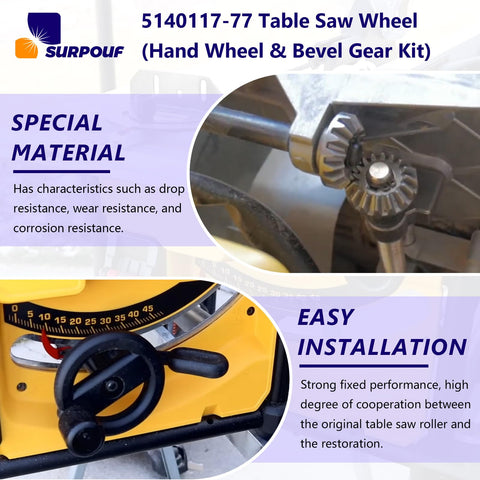 Image of Replacement Table Saw Hand Wheel And Bevel Gear Kit for DeWalt Saws, featuring close-up of gear and materials description.