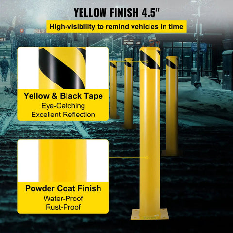 Rock Solid Steel Safety Bollard 42 Inch Tall 4.5 Inch Diameter Yellow Powder Coat Traffic Guard with reflective tape