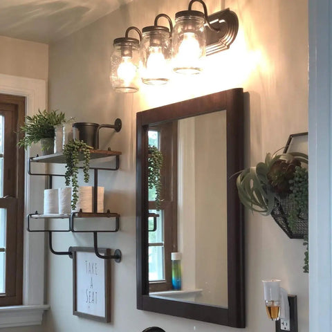Farmhouse Mason Jar Vanity Light Fixtures 3 Light Wall Sconce over mirror in oil rubbed bronze above bathroom sink