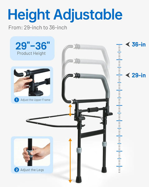 Foldable Bed Rail With Adjustable Height And Built In Storage Pocket For Seniors And Post Surgery Recovery Easy Bed Access And Fall Prevention Bedside Support Handle with 29 to 36 inch adjustment.