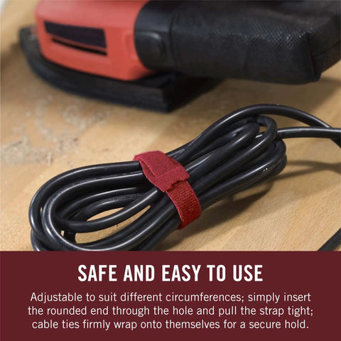 Fire Retardant Cable Ties 50 Pack One Wrap FR 8 Inch pre cut securing power cable in cranberry color.