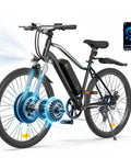 Huge 1500W Motor Electric Bike With Super Long Range And Swift Commuting Powers For Urban Rides Featuring Bold 26 Inch Tires And Heavy Duty Build For Any Terrain You Want To Crush Today, black e-bike with smartphone display and front motor detail