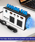 Road Tested 300W Car Power Inverter Converts 12V DC To 110V AC With No Sweat Usb Fast Charge Ports And Dual Household Plugs For Weekend Warriors And Commuters, showing USB ports and cooling fan.
