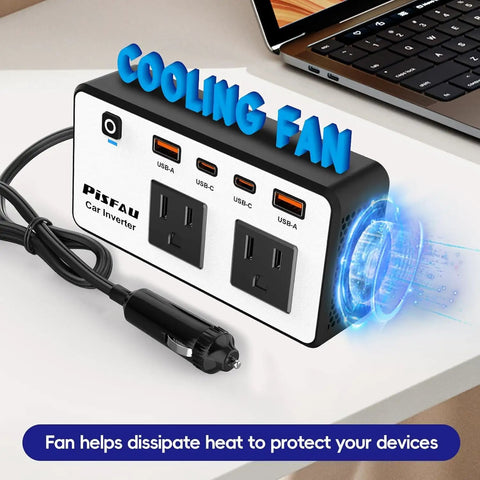 Road Tested 300W Car Power Inverter Converts 12V DC To 110V AC With No Sweat Usb Fast Charge Ports And Dual Household Plugs For Weekend Warriors And Commuters, showing USB ports and cooling fan.